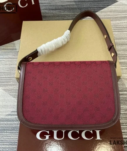 Gucci 1:1 Mirror Replica Horsebit 1955 Medium GG Canvas Burgundy 25CM/9.8IN Gucci Replica Horsebit Bags