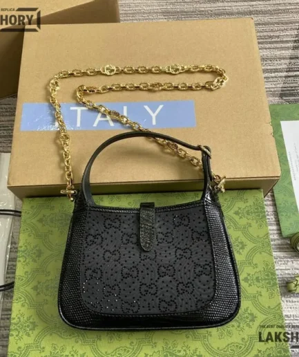 Gucci 1:1 Mirror Replica Crystal GG Jackie 1961 Satin Mini Black 19CM/7.5IN Gucci Replica Jackie Bags