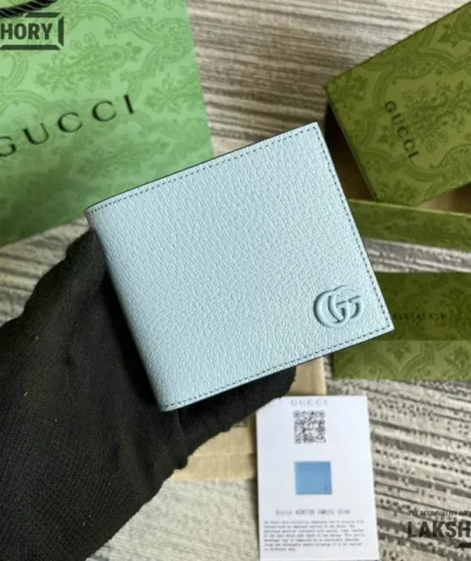 Gucci 1:1 Mirror Replica GG Marmont Bi-fold Card Case Light Blue 9.5CM/3.7IN Gucci Replica Wallets