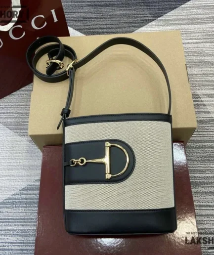 Gucci 1:1 Mirror Replica Leather 73 Small Black Grey Bucket Bag 20CM/7.9IN Gucci Replica Horsebit Bags