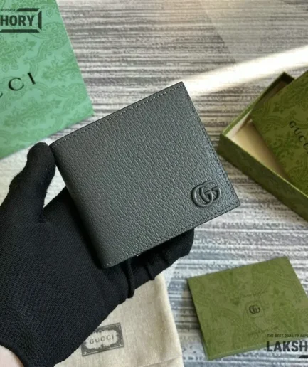Gucci 1:1 Mirror Replica Boar Effect Monochrome Bi-Fold Wallet Grey 11CM/4.3IN Gucci Replica Wallets