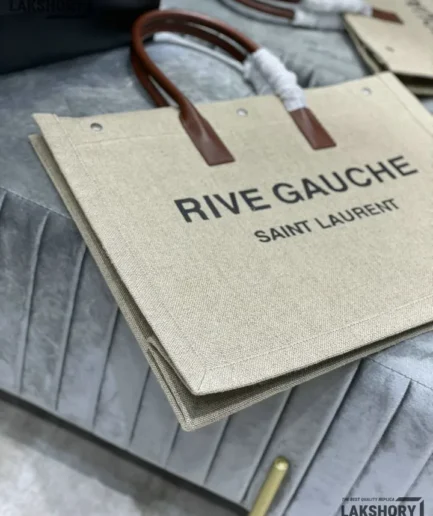 YSL 1:1 Mirror Replica Linen Calfskin Rive Gauche Tote Natural 48CM/18.9IN Replica Tote Bags