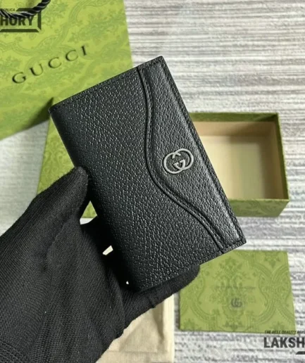 Gucci 1:1 Mirror Replica Interlocking G Card Case Wallet Black 7CM/2.8IN Gucci Replica Wallets