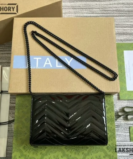 Gucci 1:1 Mirror Replica GG Marmont Wallet On Chain Patent Black 20CM/7.9IN Gucci Replica Marmont Bags