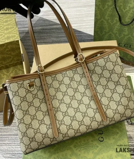 Gucci 1:1 Mirror Replica GG Emblem Medium Tote Beige Brown 31CM/12.2IN Gucci Replica Ophidia Bags
