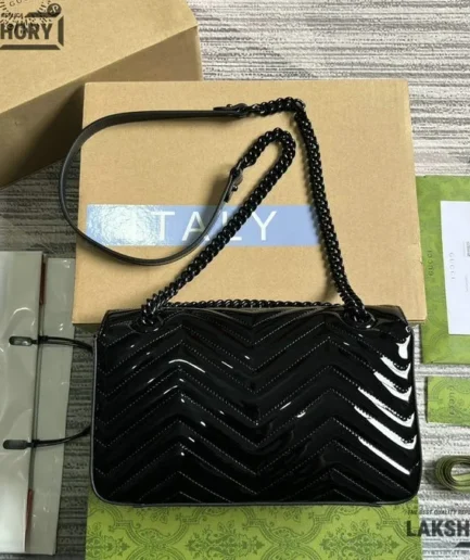 Gucci 1:1 Mirror Replica Small GG Marmont Patent Black Shoulder Bag 26CM/10.2IN Gucci Replica Marmont Bags