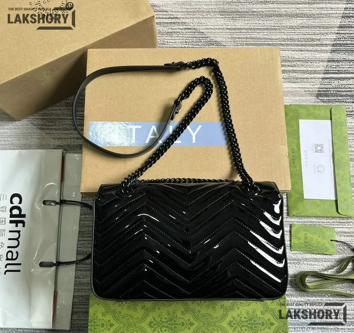 Gucci 1:1 Mirror Replica Small GG Marmont Patent Black Shoulder Bag 26CM/10.2IN Gucci Replica Marmont Bags Gucci 1:1 Mirror Replica Small GG Marmont Patent Black Shoulder Bag 26CM/10.2IN Gucci Replica Marmont Bags