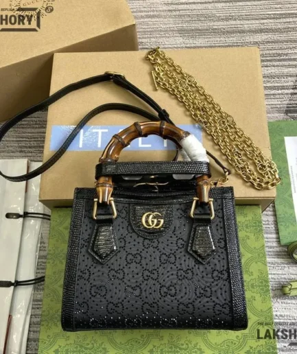 Gucci 1:1 Mirror Replica Diana Python Small Tote Bag Black 20CM/7.9IN Gucci Replica Bamboo Bags