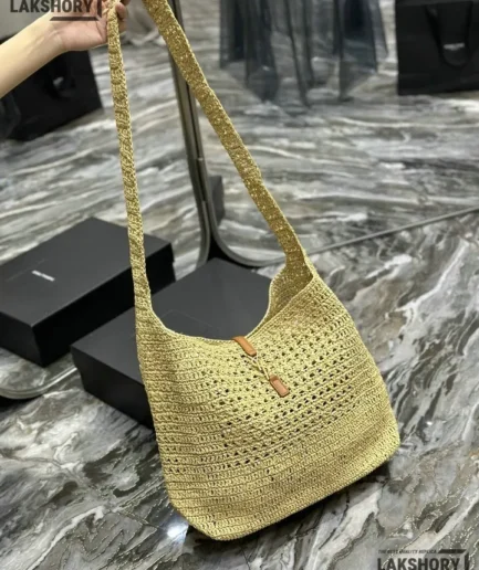 YSL 1:1 Mirror Replica Plaque Raffia Crochet Tote Bag Beige 37CM/14.6IN Replica Tote Bags
