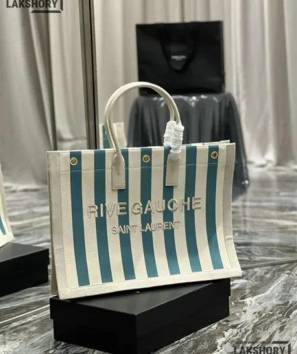 YSL 1:1 Mirror Replica Linen Striped Rive Gauche Tote Water Green 48CM/18.9IN Replica Tote Bags