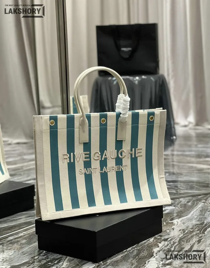 YSL 1:1 Mirror Replica Linen Striped Rive Gauche Tote Water Green 48CM/18.9IN Replica Tote Bags YSL 1:1 Mirror Replica Linen Striped Rive Gauche Tote Water Green 48CM/18.9IN Replica Tote Bags