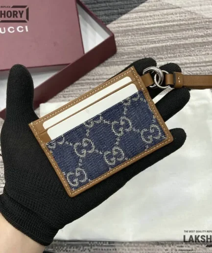 Gucci 1:1 Mirror Replica GG Emblem Card Case w/ Strap Blue Brown 7CM/2.8IN Gucci Replica Wallets