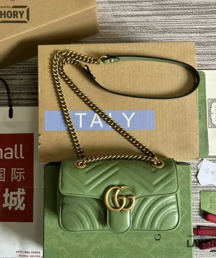 Gucci 1:1 Mirror Replica Calfskin Matelasse Mini GG Marmont Green 22CM/8.7IN Gucci Replica Marmont Bags
