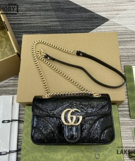Gucci 1:1 Mirror Replica Matelasse Mini GG Marmont Black 22CM/8.7IN Gucci Replica Marmont Bags