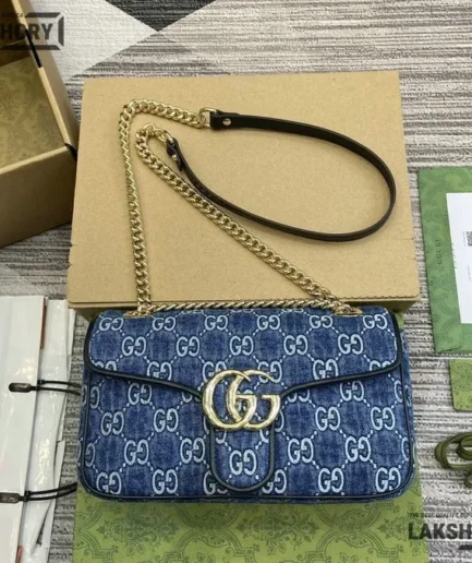 Gucci 1:1 Mirror Replica Denim Matelasse Medium GG Marmont Blue 26CM/10.2IN Gucci Replica Marmont Bags