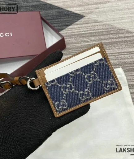 Gucci 1:1 Mirror Replica GG Emblem Card Case w/ Strap Blue Brown 7CM/2.8IN Gucci Replica Wallets