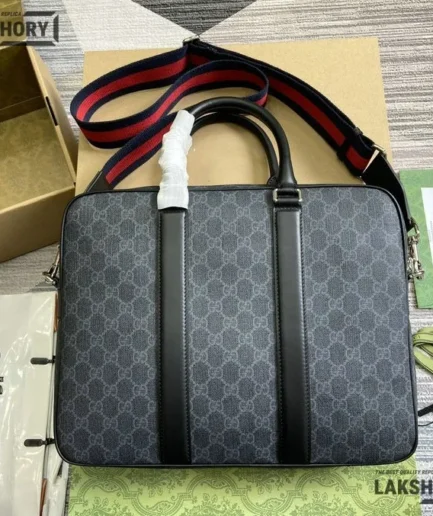 Gucci 1:1 Mirror Replica GG Supreme Appia Web Briefcase Black 33CM/13IN Gucci Replica Ophidia Bags