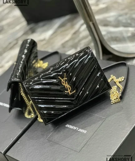 YSL 1:1 Mirror Replica Patent Matelasse Envelope Chain Wallet Black 19CM/7.5IN Replica Crossbody Bags