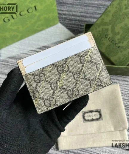 Gucci 1:1 Mirror Replica GG Monogram Horsebit Card Holder Beige 7CM/2.8IN Gucci Replica Wallets